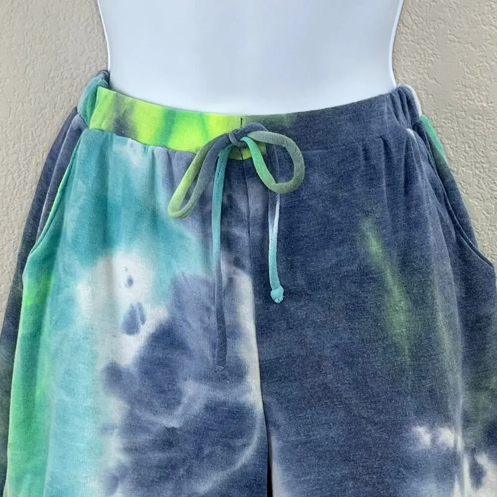 New Shopin LA Blue Green Multi Tie Dye Elastic Waist Sweat Shorts L Gorpcore